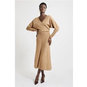 Karen Millen Viscose Blend V Neck Knit Midi Dress in Camel - Small
